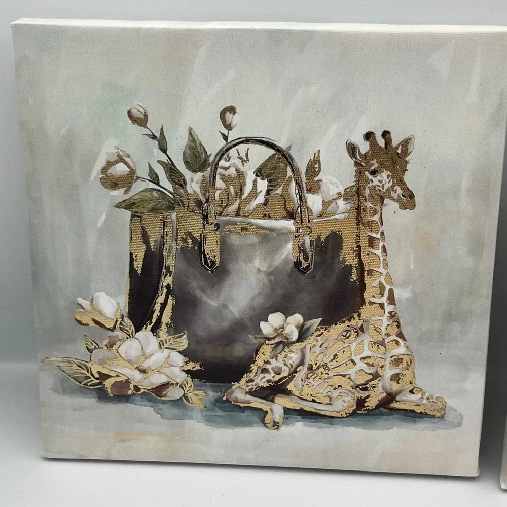 Giraffe Zebra Canvas Wall‎ Art Decor Neutral Beige Gold Floral Animal Prints Set